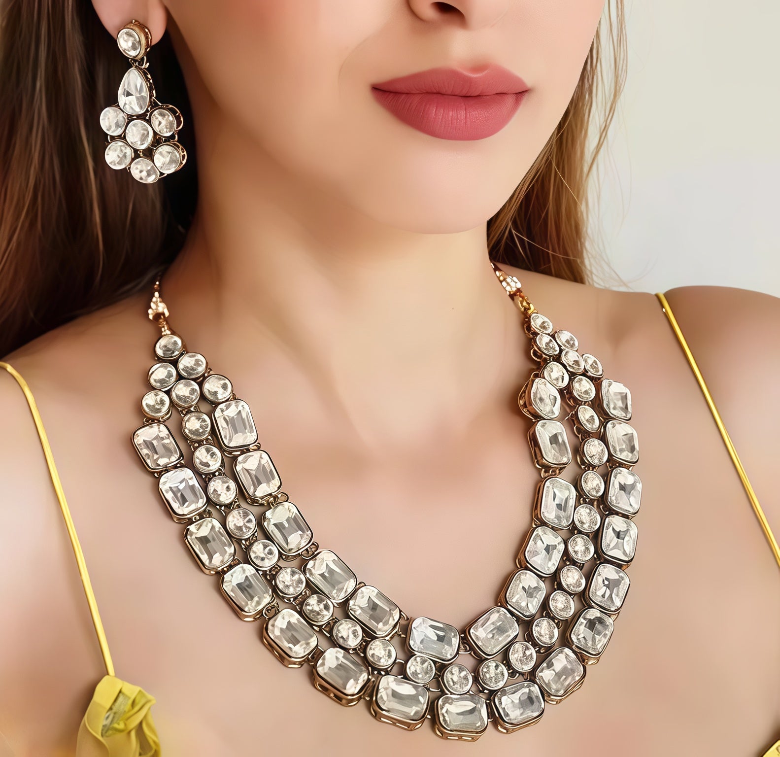 Jewel City Modern Kundan-Style Clear Stone Necklace Set with Earrings Handcrafted Gold-Plated Party Wear Set for Women - Distacart