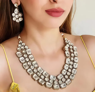 Jewel City Modern Kundan-Style Clear Stone Necklace Set with Earrings Handcrafted Gold-Plated Party Wear Set for Women