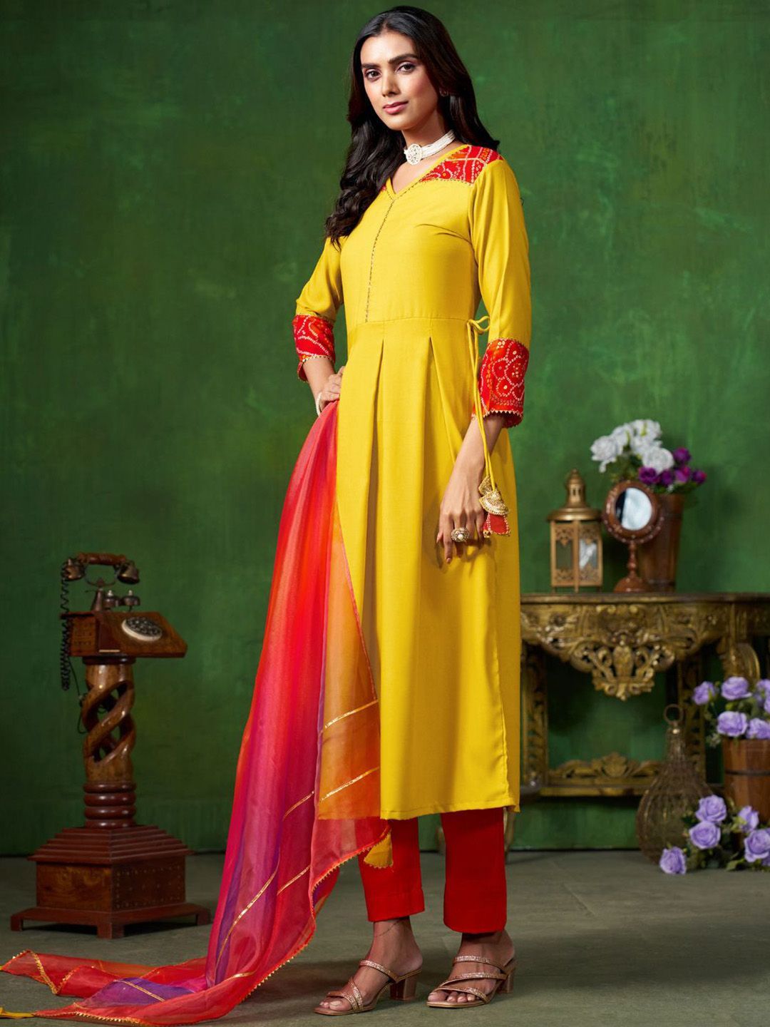Sangria Yellow V-Neck Three-Quarter Sleeves Regular Gotta Patti Anarkali Kurta & Dupatta