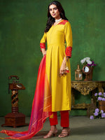 Thumbnail for Sangria Yellow V-Neck Three-Quarter Sleeves Regular Gotta Patti Anarkali Kurta & Dupatta