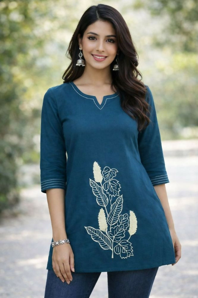 Teeya Creation Womens New Latest Cotton Blue Floral Embroidered Short Kurti - Dista