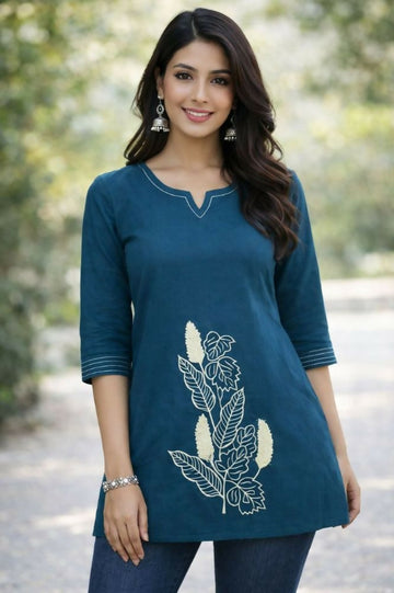 Teeya Creation Womens New Latest Cotton Blue Floral Embroidered Short Kurti - Dista