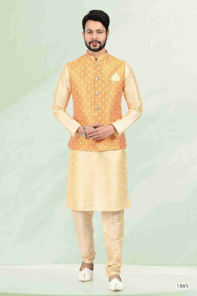 Raivat Ethnic Jacquard Banarasi Silk Woven Work 3 Pics Jacket Set In Mustard Colour - Distacart
