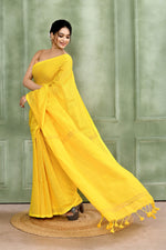 Thumbnail for Piyari Fashion Women's Yellow Embellished Cotton Blend Zari Check Handloom Saree - Distacart