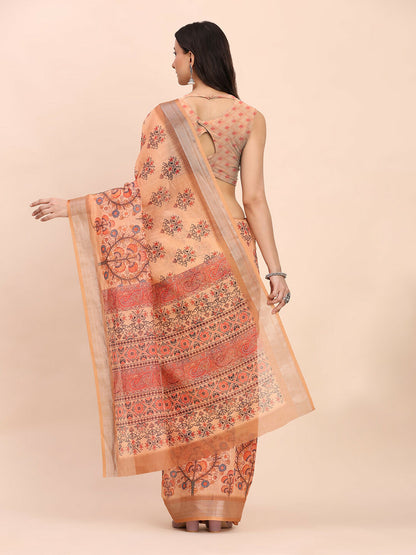 Shree Shyam Fashion Linen Cotton Orange Saree - Distacart