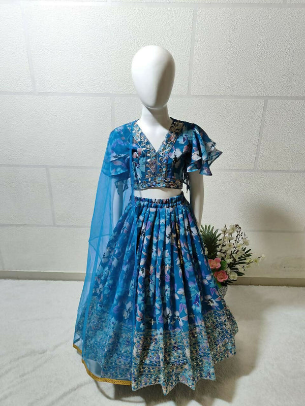 Jyoti Fashion Beautiful Blue Faux Georgette Digital Printed with Sequins Embroidered Kids Lehenga Choli Set - Distacart