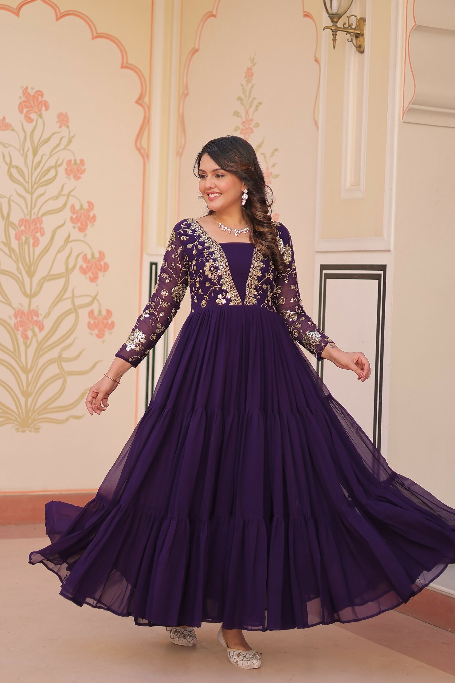 Joban Fashion Purple Georgette Sequence Embroidery Work Dress