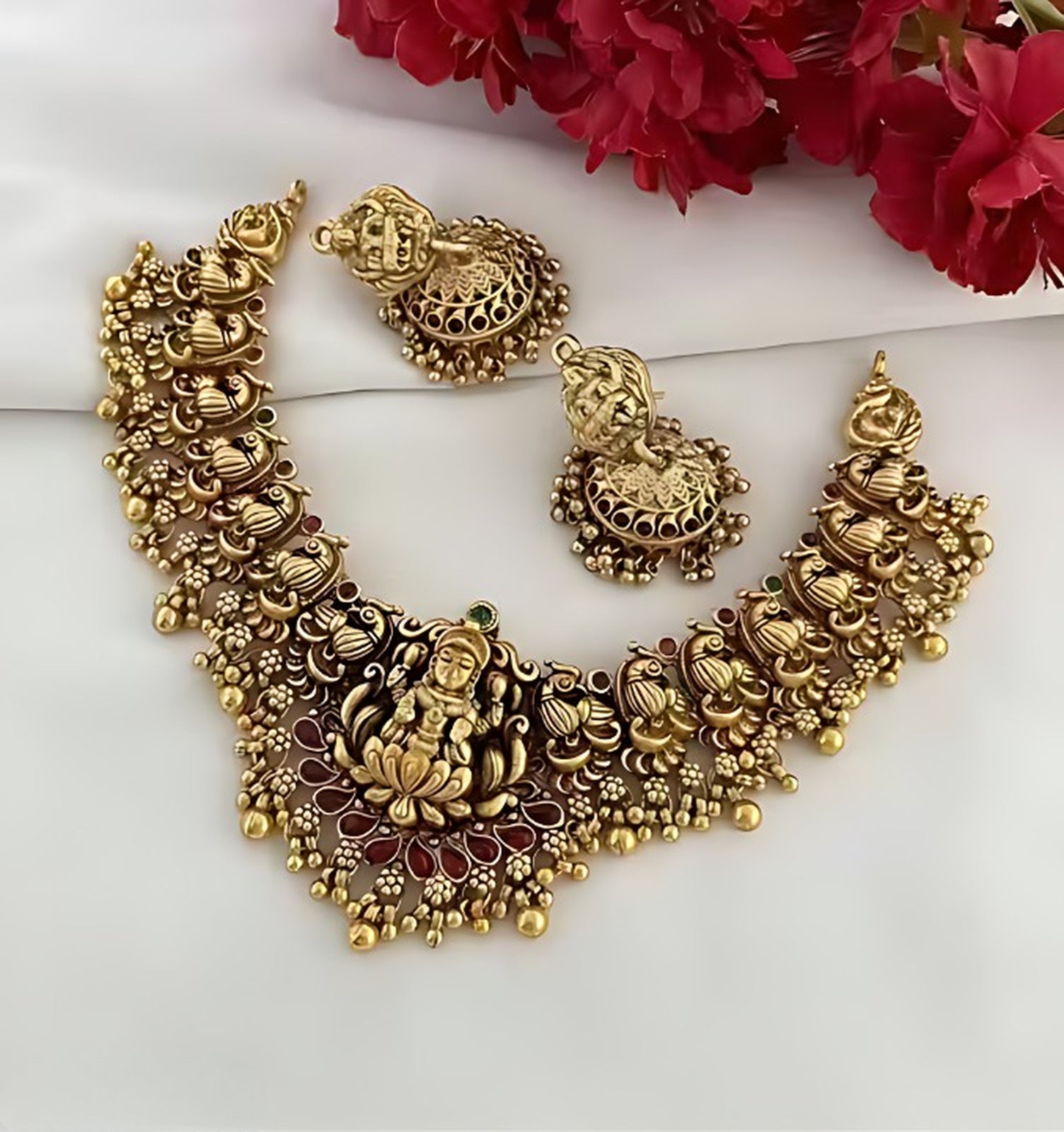 Jewel City Traditional Lakshmi Temple Necklace Set for Women Gold-Tone Bridal Jewelry with Earrings, Ethnic South Indian Choker - Distacart