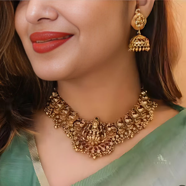Jewel City Traditional Lakshmi Temple Necklace Set for Women Gold-Tone Bridal Jewelry with Earrings, Ethnic South Indian Choker - Distacart