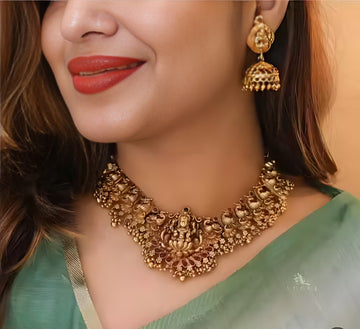 Jewel City Traditional Lakshmi Temple Necklace Set for Women Gold-Tone Bridal Jewelry with Earrings, Ethnic South Indian Choker - Distacart