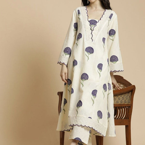 Anouk Floral Printed Bell Sleeves Thread Work Pure Cotton A-Line Kurta With Palazzos - Distacart