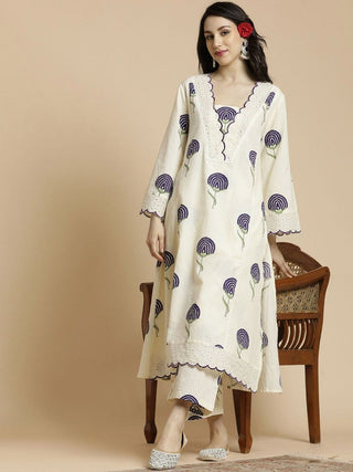 Anouk Floral Printed Bell Sleeves Thread Work Pure Cotton A-Line Kurta With Palazzos - Distacart