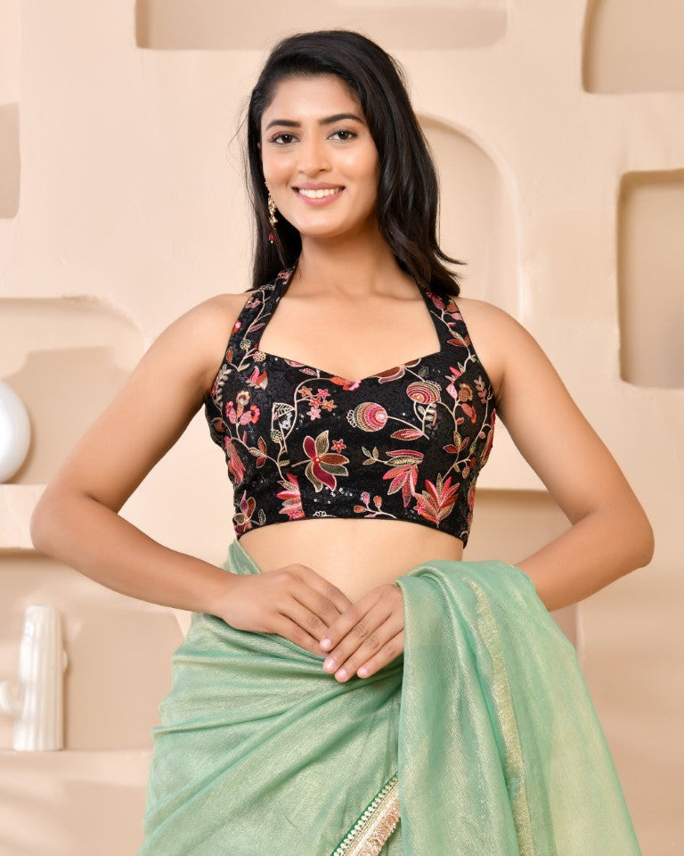 Amodini Designer Studio Embroidered Black Halter-Neck Designer Blouse - Distacart
