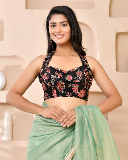 Amodini Designer Studio Embroidered Black Halter-Neck Designer Blouse - Distacart