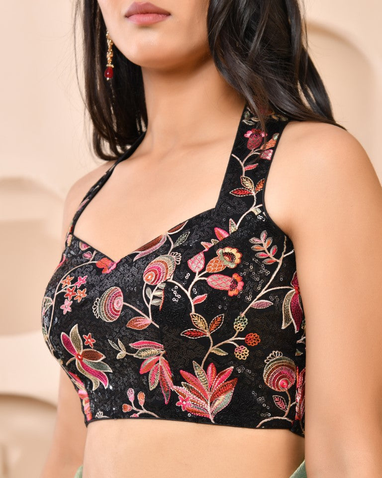 Amodini Designer Studio Embroidered Black Halter-Neck Designer Blouse - Distacart