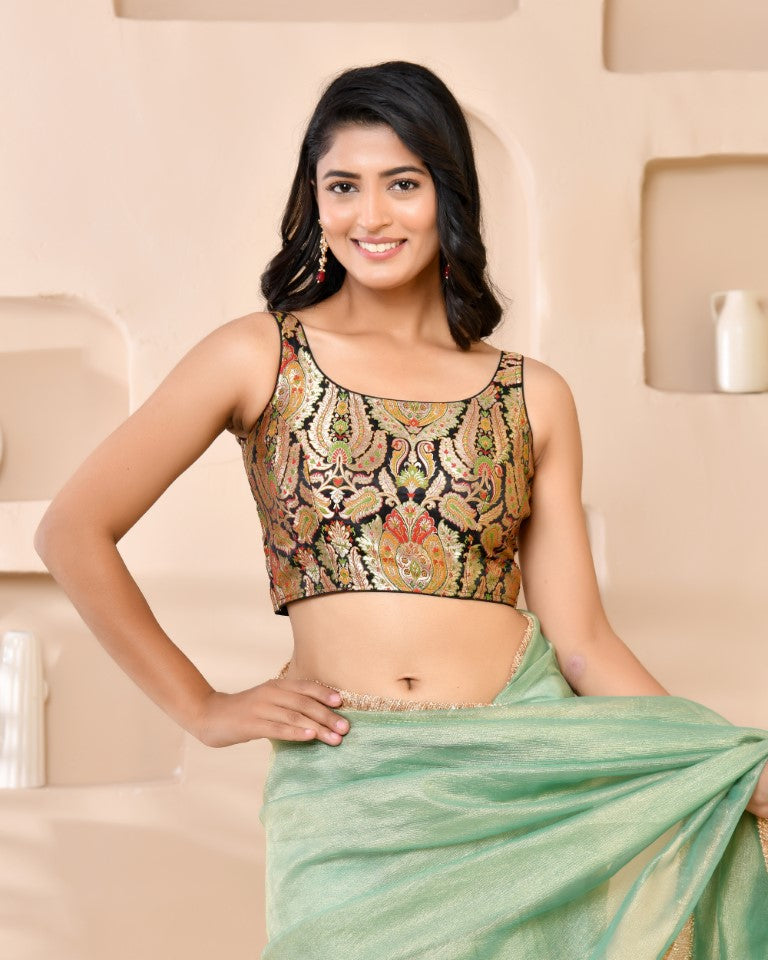 Amodini Designer Studio Kashi Banarsi Black Sleeveless Padded Blouse