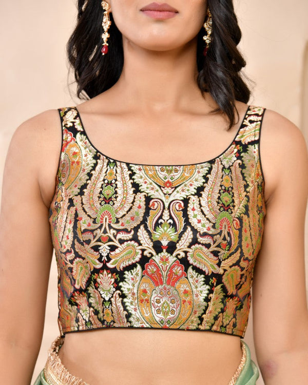 Amodini Designer Studio Kashi Banarsi Black Sleeveless Padded Blouse