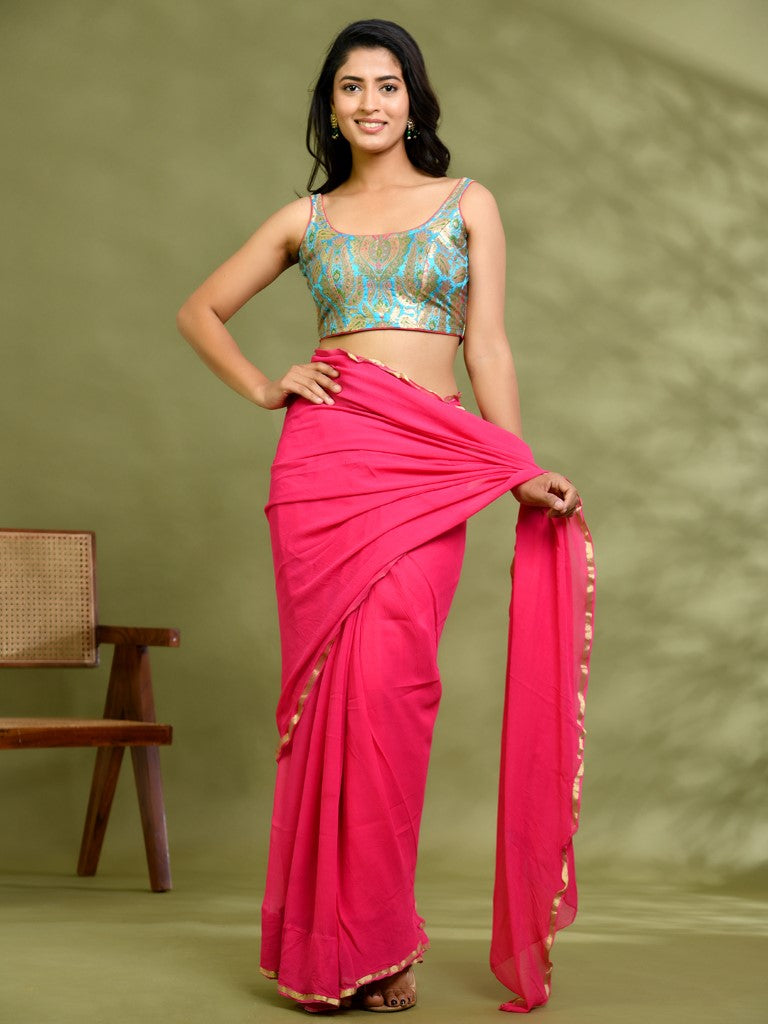 Amodini Designer Studio Kashi Banarsi Blue Sleeveless Padded Blouse - Distacart