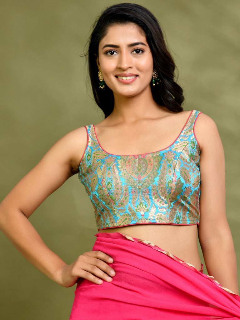 Amodini Designer Studio Kashi Banarsi Blue Sleeveless Padded Blouse - Distacart