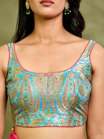 Thumbnail for Amodini Designer Studio Kashi Banarsi Blue Sleeveless Padded Blouse