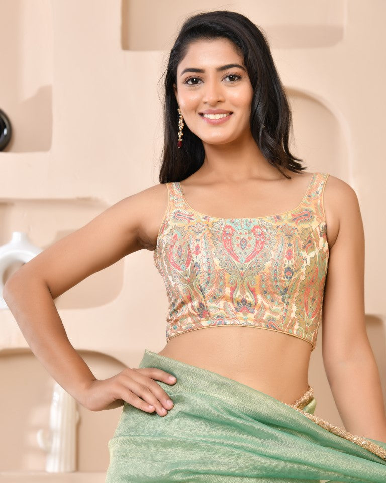 Amodini Designer Studio Kashi Banarsi Gold Sleeveless Padded Blouse - Distacart