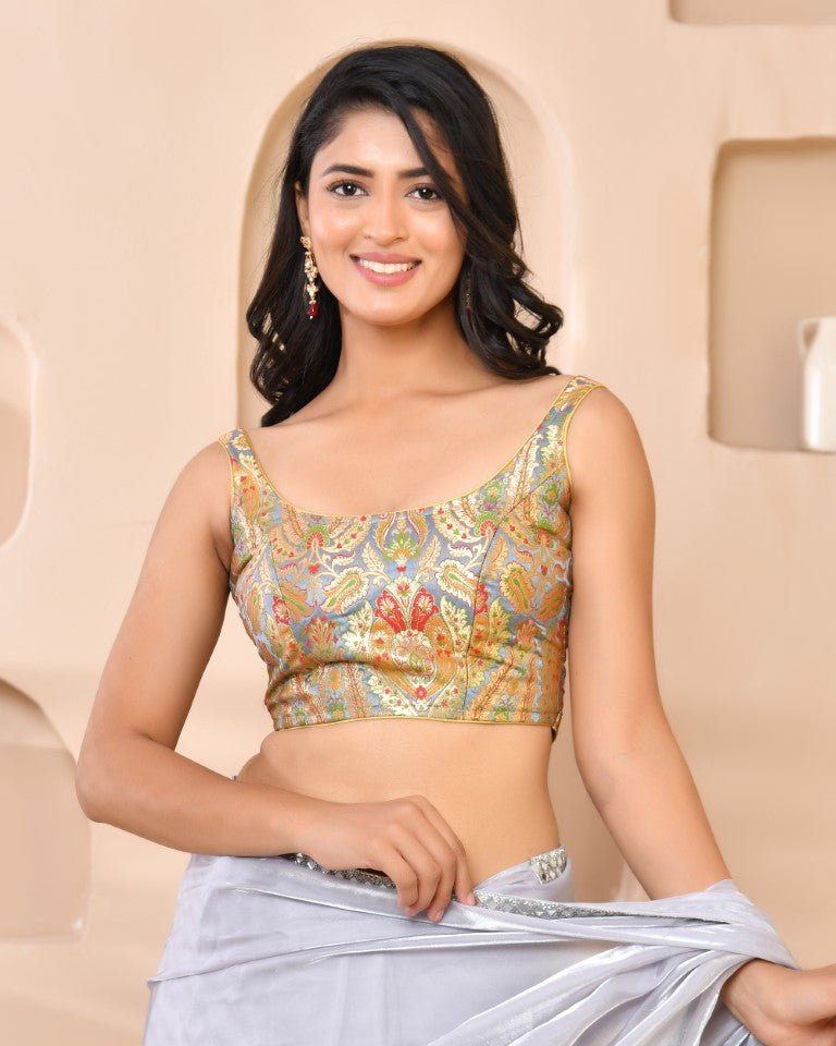 Amodini Designer Studio Kashi Banarsi Grey Sleeveless Padded Blouse - Distacart