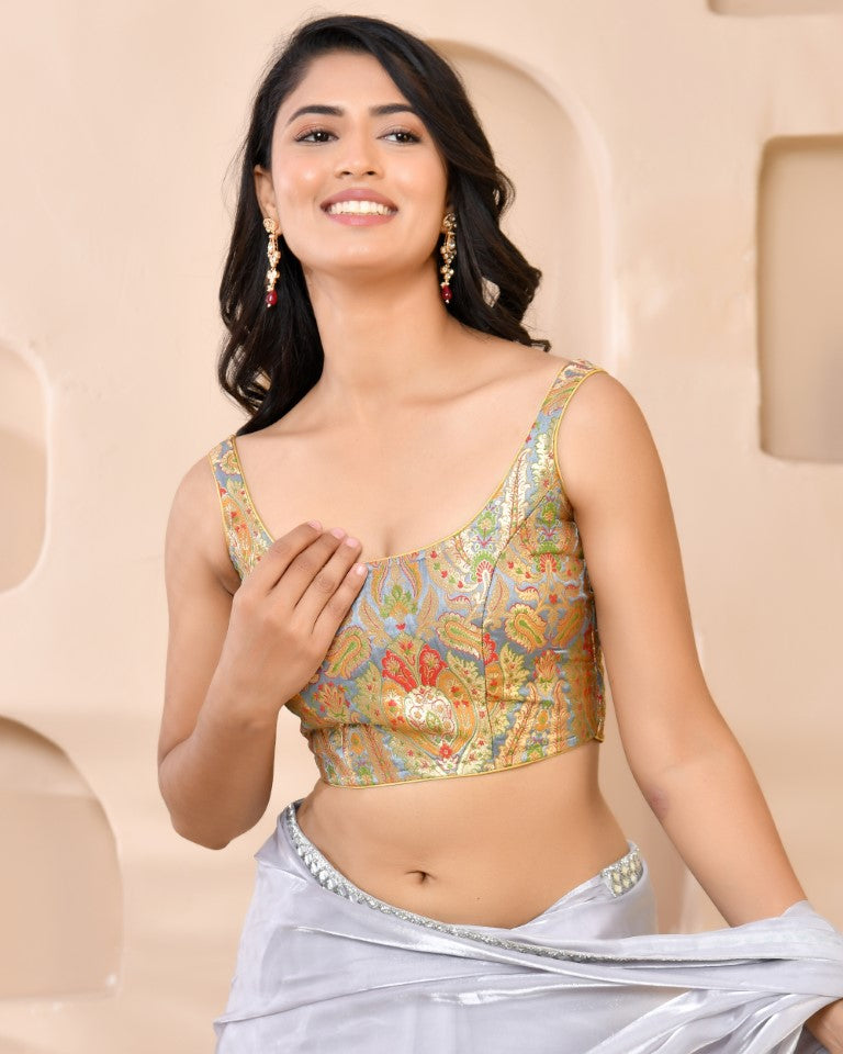 Amodini Designer Studio Kashi Banarsi Grey Sleeveless Padded Blouse