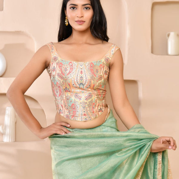 Amodini Designer Studio Kashi Banarsi Corset Style Golden Blouse - Distacart