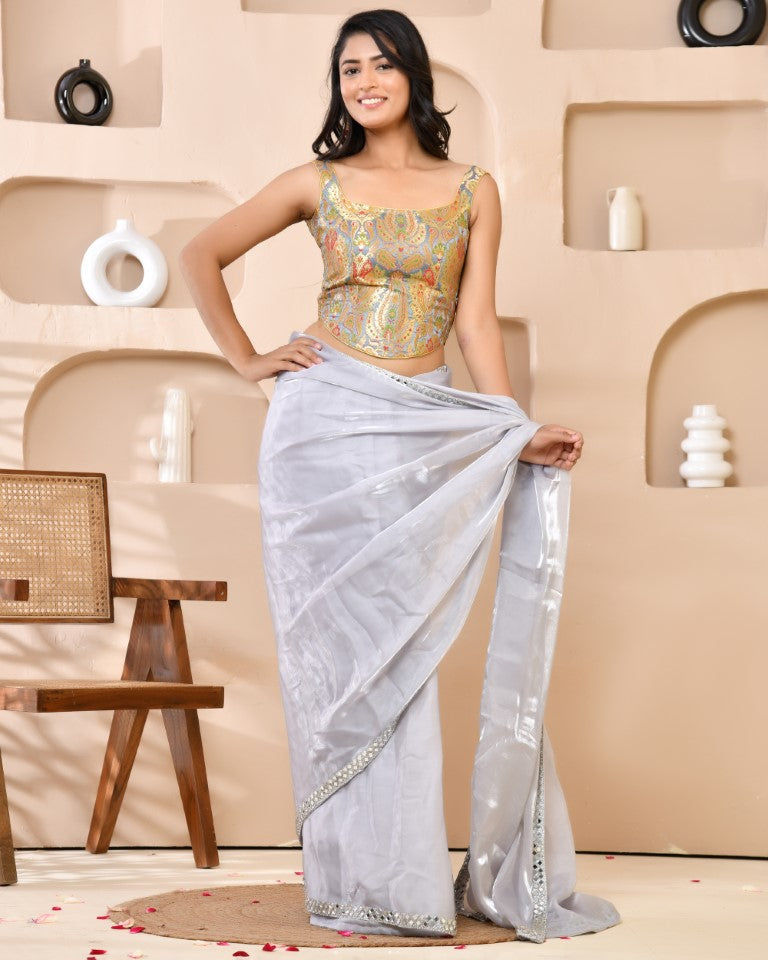 Amodini Designer Studio Kashi Banarsi Corset Style Grey Blouse - Distacart