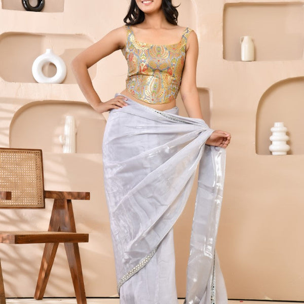 Amodini Designer Studio Kashi Banarsi Corset Style Grey Blouse - Distacart
