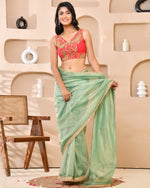 Thumbnail for Amodini Designer Studio Paisley Zari Embroidery Pink Sleeveless Padded Blouse