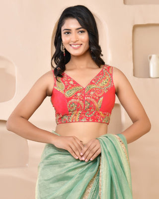Amodini Designer Studio Paisley Zari Embroidery Pink Sleeveless Padded Blouse