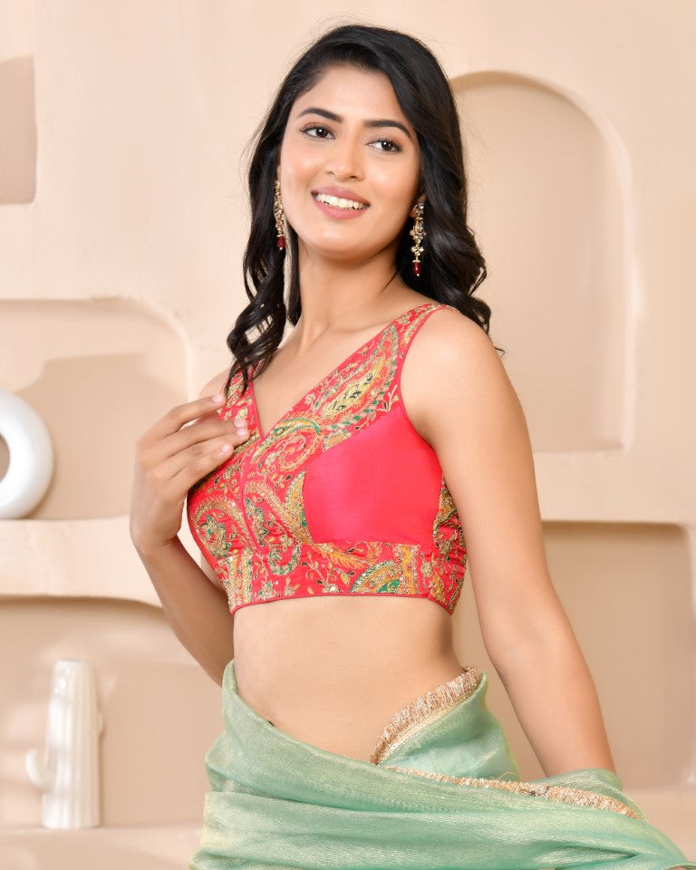 Amodini Designer Studio Paisley Zari Embroidery Pink Sleeveless Padded Blouse