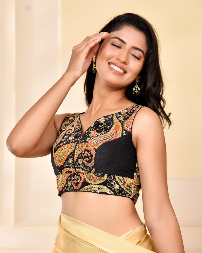 Amodini Designer Studio Paisley Zari Embroidery Black Sleeveless Padded Blouse
