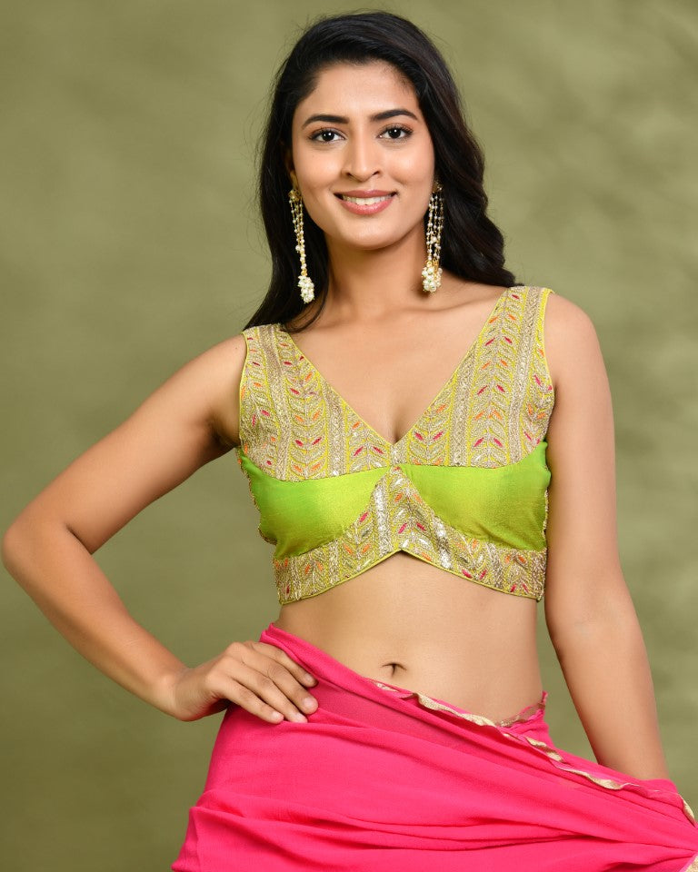 Amodini Designer Studio Lime Green Embroidered Sleeveless Padded Blouse - Distacart