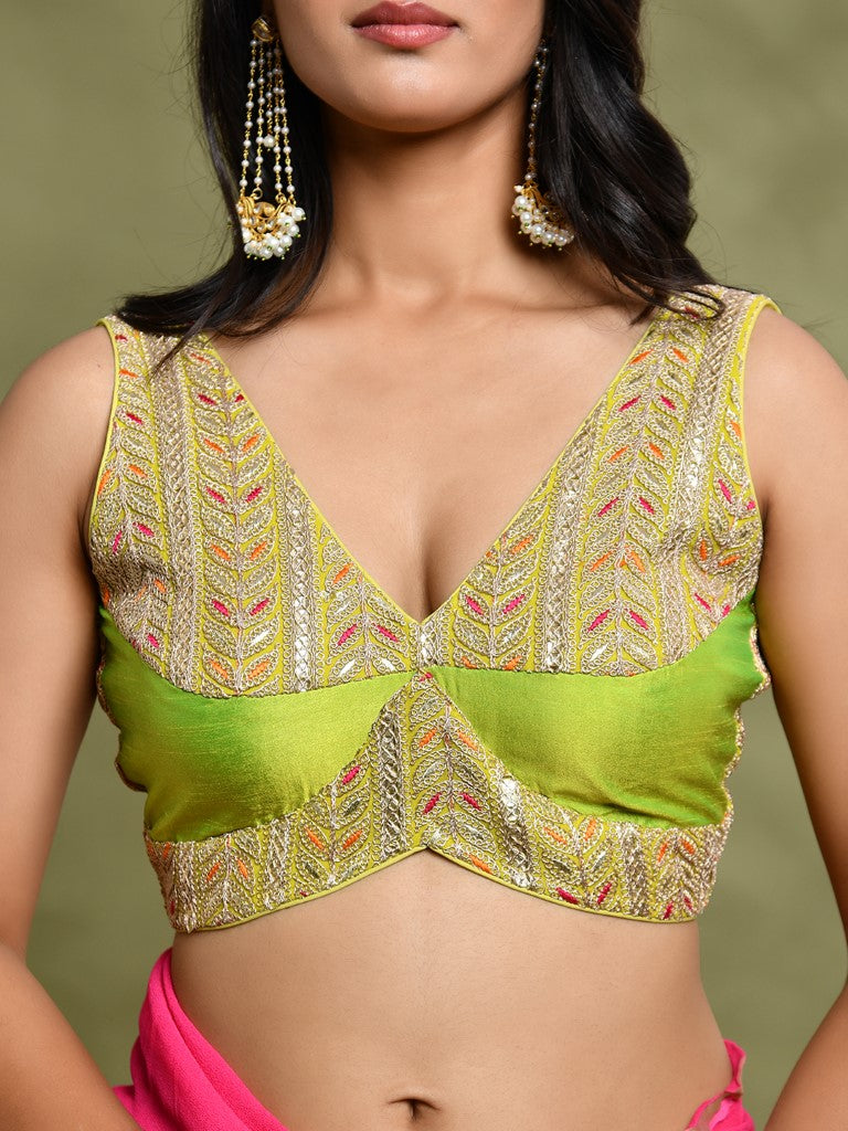 Amodini Designer Studio Lime Green Embroidered Sleeveless Padded Blouse