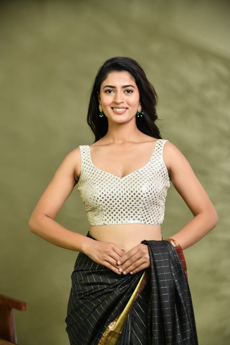 Amodini Designer Studio Ivory Mirror Work Sleeveless Padded Blouse - Distacart