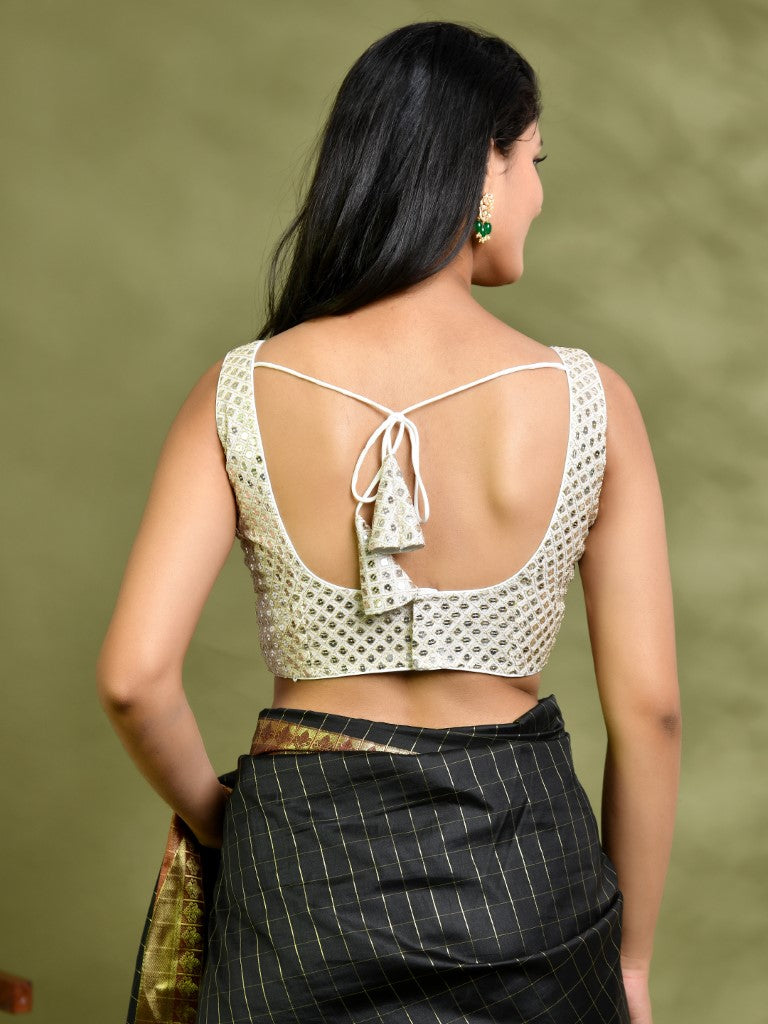 Amodini Designer Studio Ivory Mirror Work Sleeveless Padded Blouse