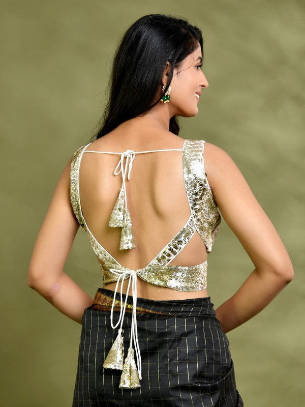 Amodini Designer Studio Gold Mirror-Embellished Sleeveless Padded Blouse