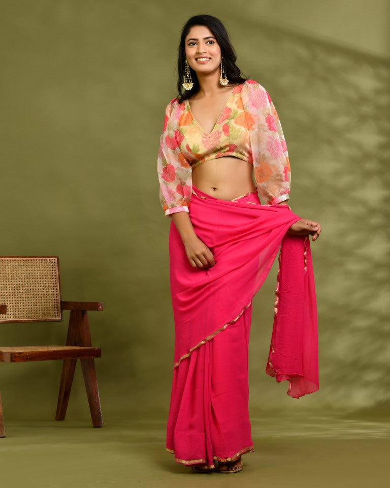 Amodini Designer Studio Floral Organza Puff-Sleeve Designer Blouse - Distacart