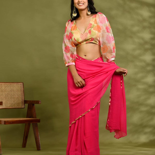 Amodini Designer Studio Floral Organza Puff-Sleeve Designer Blouse - Distacart