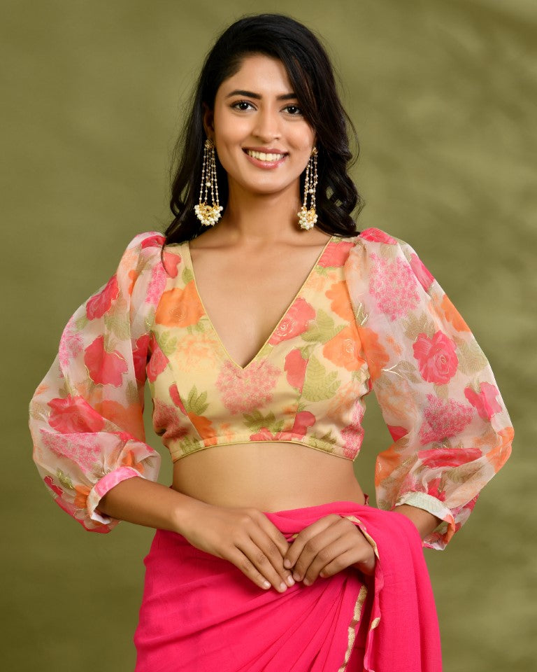 Amodini Designer Studio Floral Organza Puff-Sleeve Designer Blouse - Distacart