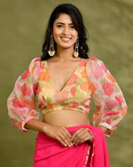 Thumbnail for Amodini Designer Studio Floral Organza Puff-Sleeve Designer Blouse