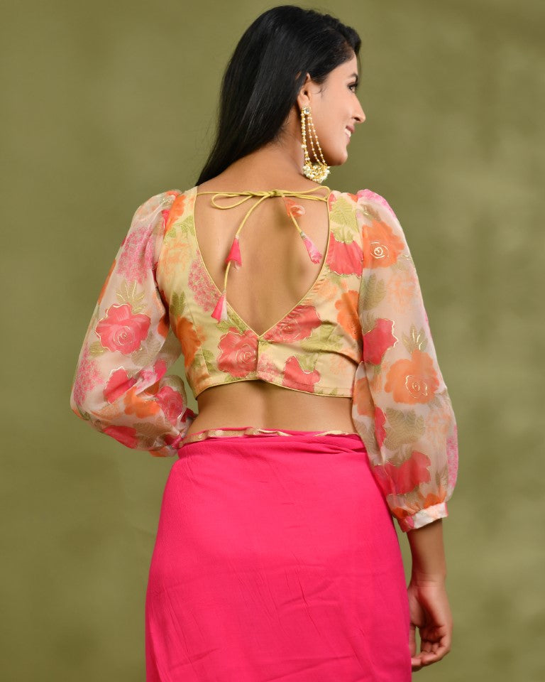 Amodini Designer Studio Floral Organza Puff-Sleeve Designer Blouse