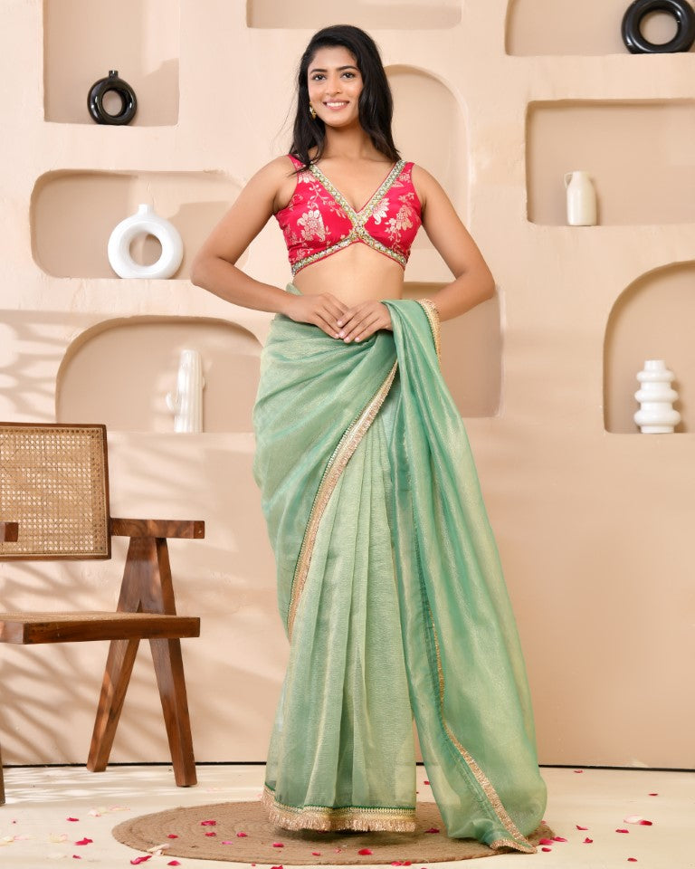 Amodini Designer Studio Pink Banarsi Sleeveless Padded Blouse - Distacart