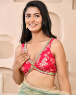 Thumbnail for Amodini Designer Studio Pink Banarsi Sleeveless Padded Blouse