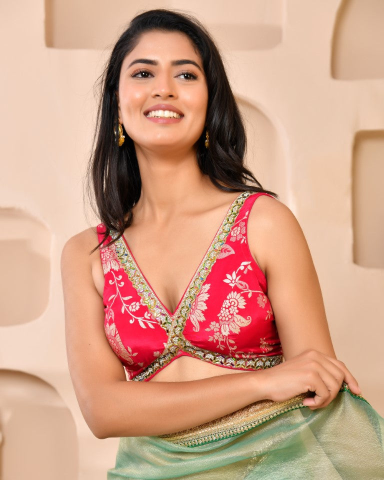 Amodini Designer Studio Pink Banarsi Sleeveless Padded Blouse
