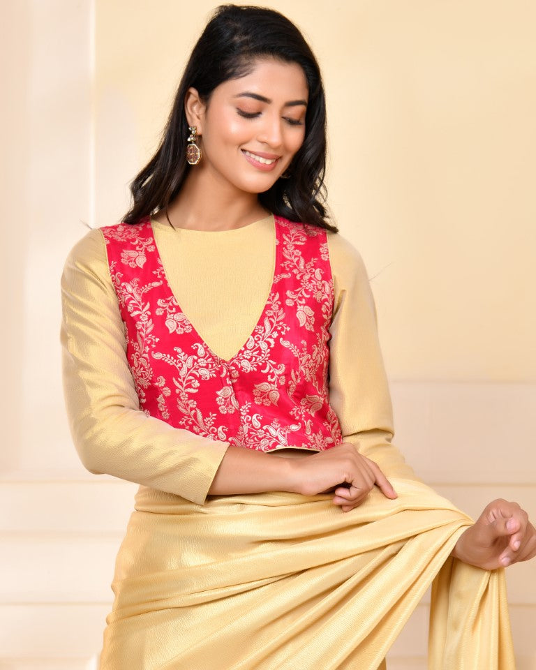Amodini Designer Studio Pink Banarsi Jacket With Golden Blouse - Distacart