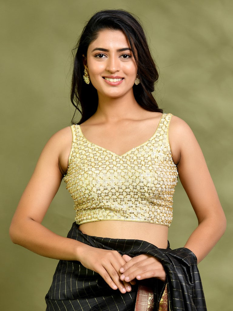 Amodini Designer Studio Golden Pearl Cutdana Sleeveless Padded Blouse - Distacart