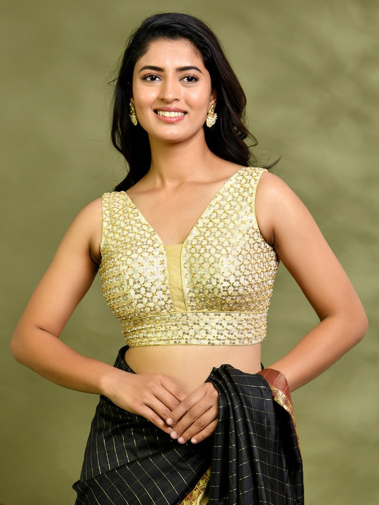 Amodini Designer Studio Golden Pearl Cutdana Sleeveless Padded Blouse